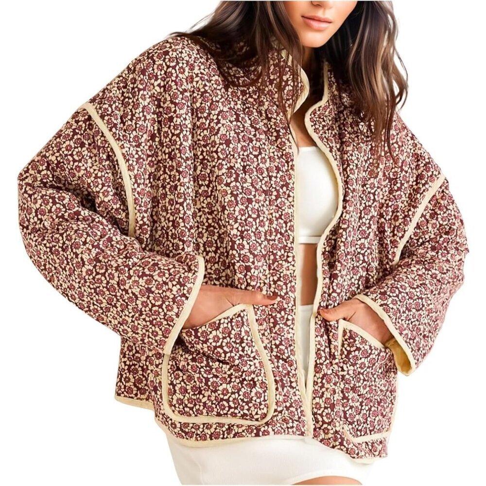 Women’s P-red Cropped Puffer Jacket Floral Printed Quilted Lightweight Coat
